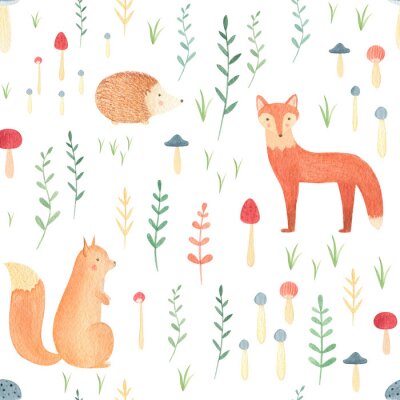 Tableau  Woodland seamless pattern with watercolor hand drawn animals. Cute fox, squirrel, bear, rabbit with forest leaves and mushrooms on white background. Perfect summer print for kids, infants, nursery.