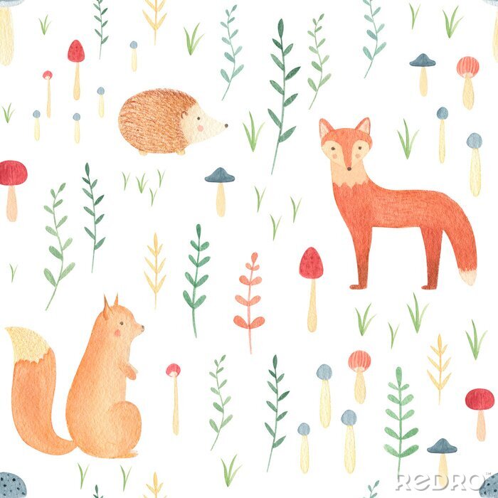 Tableau  Woodland seamless pattern with watercolor hand drawn animals. Cute fox, squirrel, bear, rabbit with forest leaves and mushrooms on white background. Perfect summer print for kids, infants, nursery.