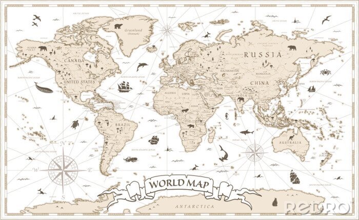 Tableau  World Map Vintage Cartoon Detailed - vector
