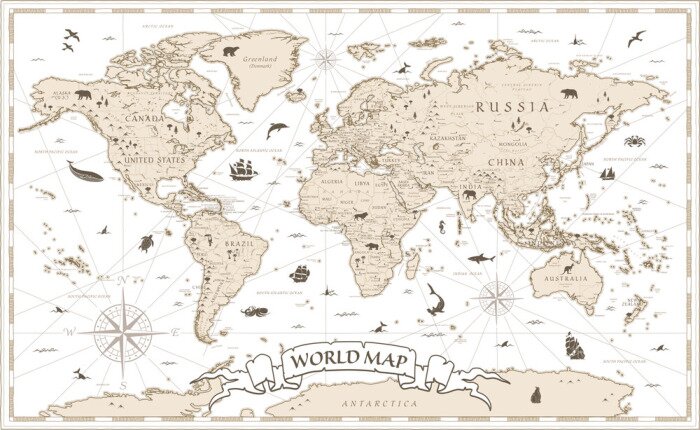 Tableau  World Map Vintage Cartoon Detailed - vector