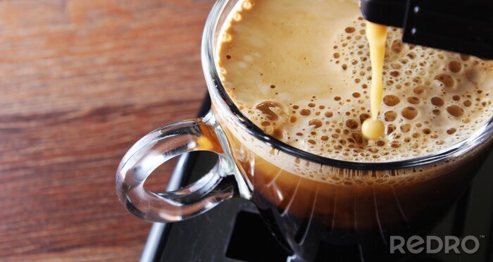 Tableau  coffee glass espresso coffee machine wooden background