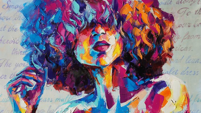 Tableau  “Louise” - oil painting. Conceptual abstract picture of a beautiful girl. On the background is written text from a book. Conceptual abstract closeup of an oil painting and palette knife on canvas.