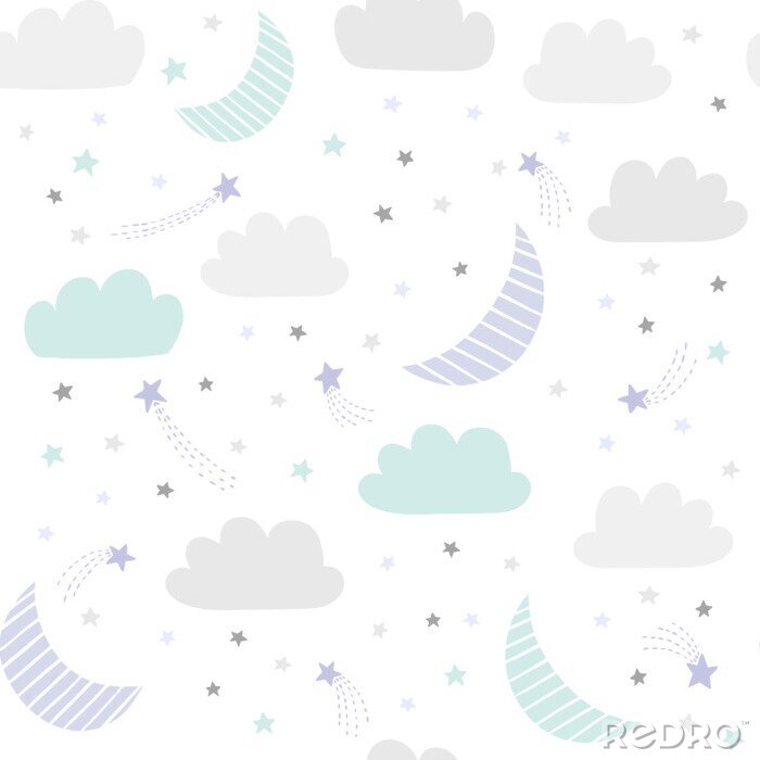 Tableau  Modèle de vecteur ciel mignon nuit avec étoiles dessinées à la main, les nuages ​​et la lune. Fond de bébé sans couture.
