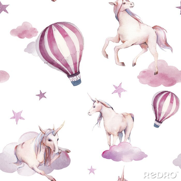 Tableau  Modèle sans couture aquarelle Licorne, nuages ​​et montgolfière. Texture de conte de fées peinte à la main sur fond blanc. Cartoon baby wallpaper design