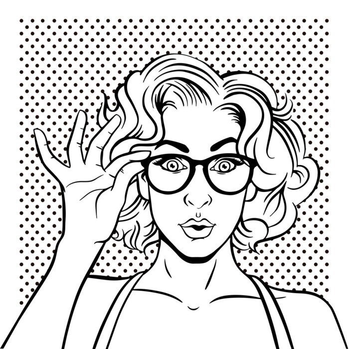 Tableau  Portrait surprised girl in glasses. For party invitation, birthday card, sale banner… Vector in pop art retro comic style.