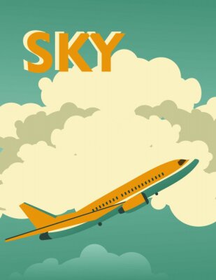 Tableau  Un avion se détachant sur les nuages et le mot « Ciel » dans un style de dessin vintage