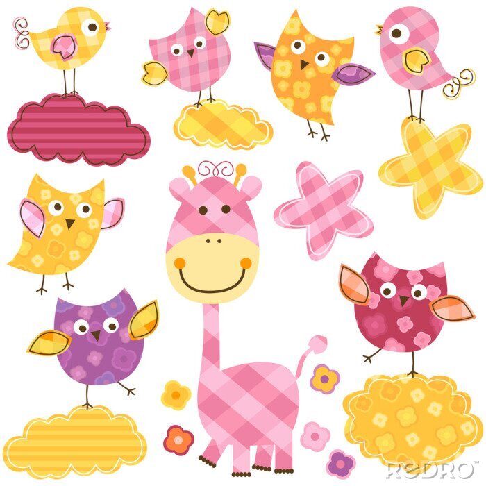 Tableau  Une girafe rose parmi les nuages ​​et les oiseaux