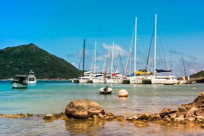 Tableau  Yachts Marina à Praslin île des Seychelles