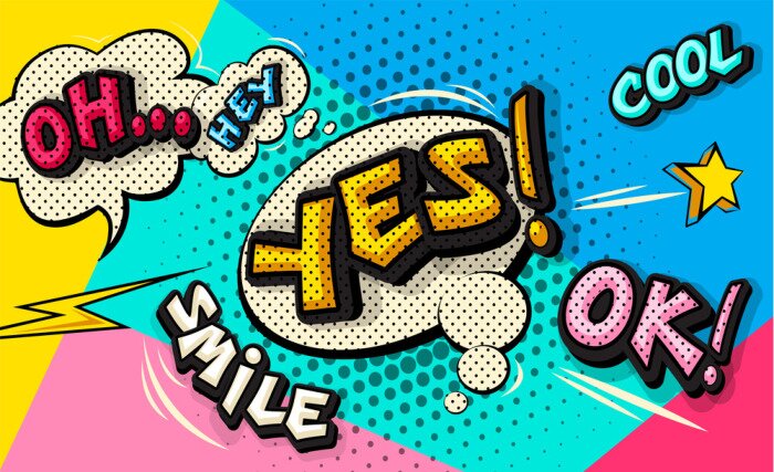 Tableau  Yes pop art cloud bubble. Smile, cool, ok, oh, hey funny speech bubble. Trendy Colorful retro vintage comic background in pop art retro comic style. Illustration easy editable for Your design. 