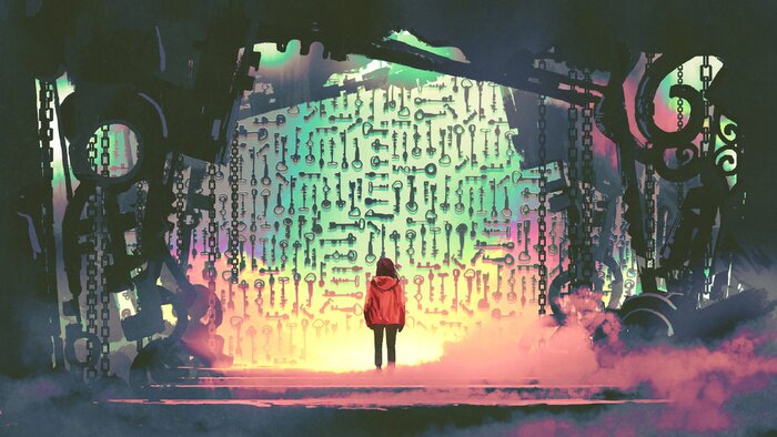 Tableau  young girl looking at a lot of keys on the wall in the steampunk cave, digital art style, illustration painting