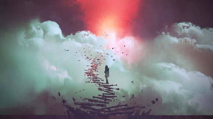 Tableau  young woman standing on broken stairs leading up to sky, digital art style, illustration painting