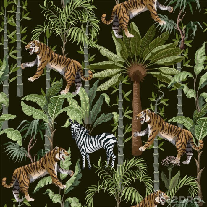Tableau  Zèbres et tigres sur fond de plantes tropicales